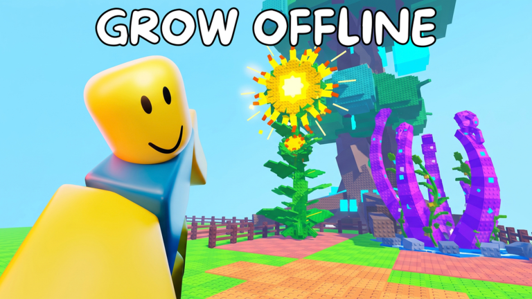 A classic Roblox smiley character looking over a greenhouse garden filled with glowing sunflower plants and strange purple tentacle growths.