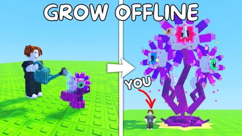 Grow a Plant art of a player watering a small purple plant that grows into a giant flower